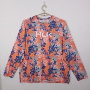 Huk Fishing Shirt Men XXXL Orange Tropical Palm Tree Long Sleeve Performance Tee